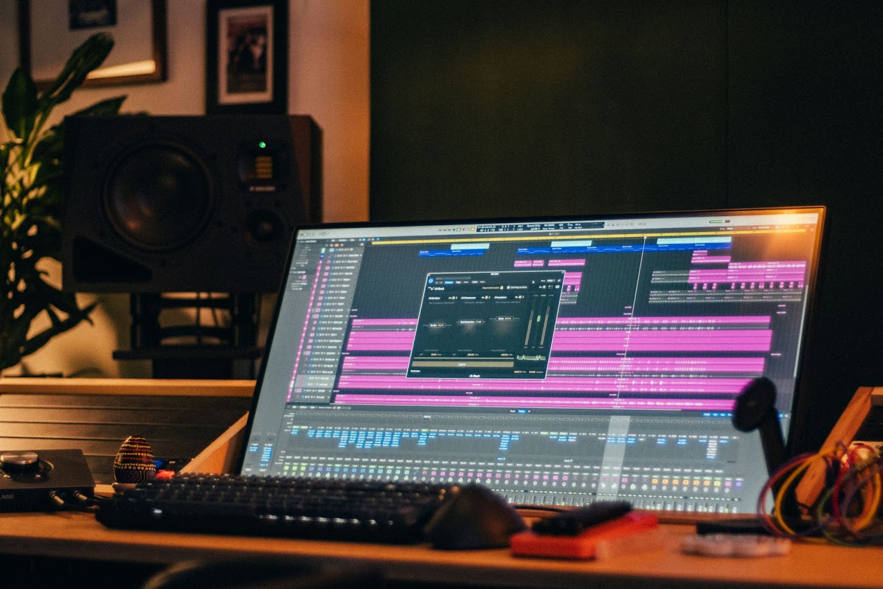 Studio-Session am Rechner, DAW-Ansicht im warmen Licht